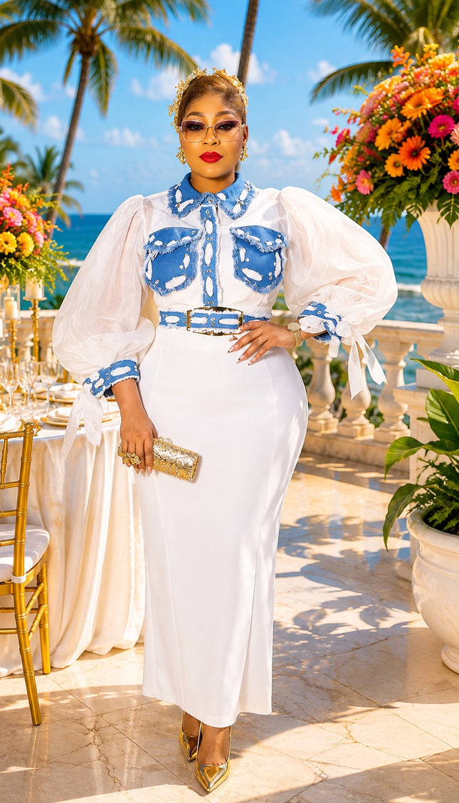 "Dressed To Impress" White Organza Ruffle Denim Trim 2-Piece Top & Skirt Set Wedding Guest Mother of The Bride Church Birthday Party Holiday Cocktail Reception Engagement Ceremony Outfit