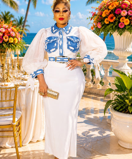 "Dressed To Impress" White Organza Ruffle Denim Trim 2-Piece Top & Skirt Set Wedding Guest Mother of The Bride Church Birthday Party Holiday Cocktail Reception Engagement Ceremony Outfit