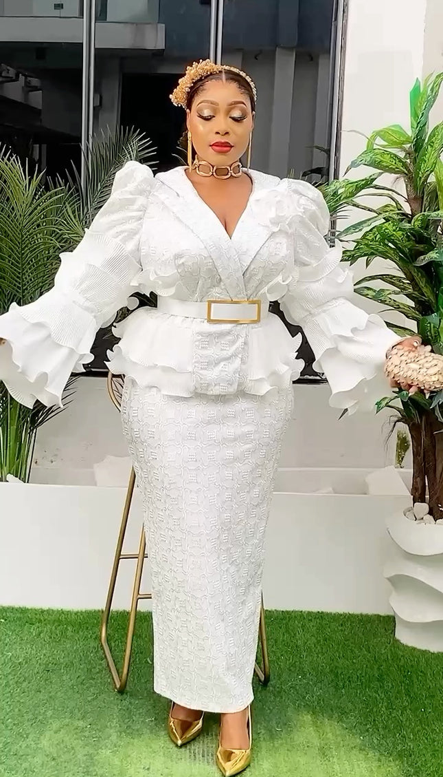 White Sequin Embellished Ruffle Peplum Dress
