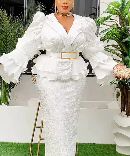 White Sequin Embellished Ruffle Peplum Dress