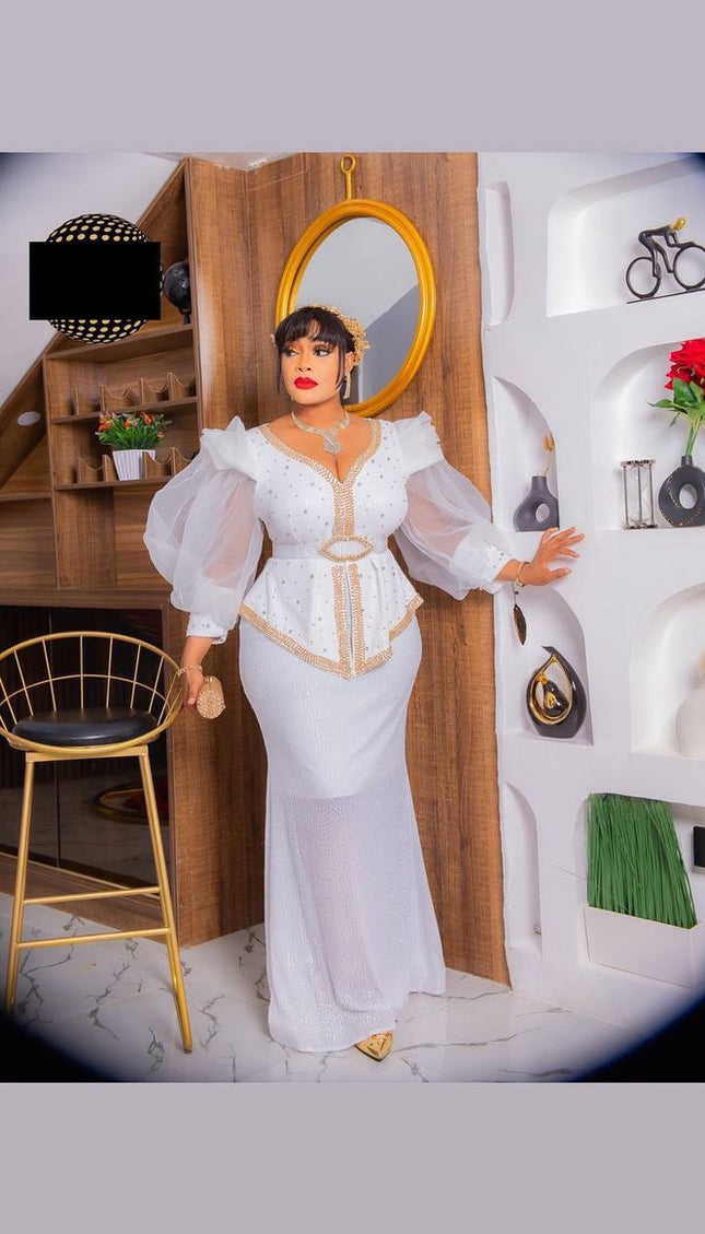 White Sequin Embellished Peplum Mermaid Dress