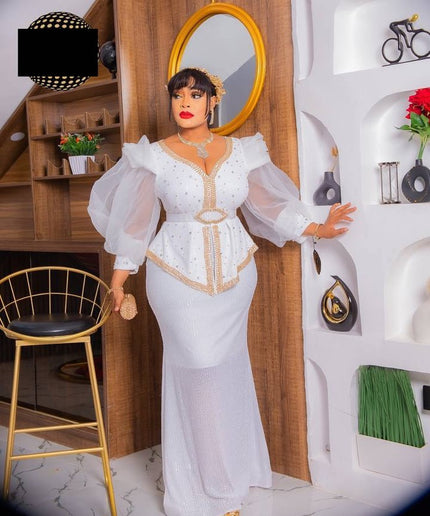 White Sequin Embellished Peplum Mermaid Dress