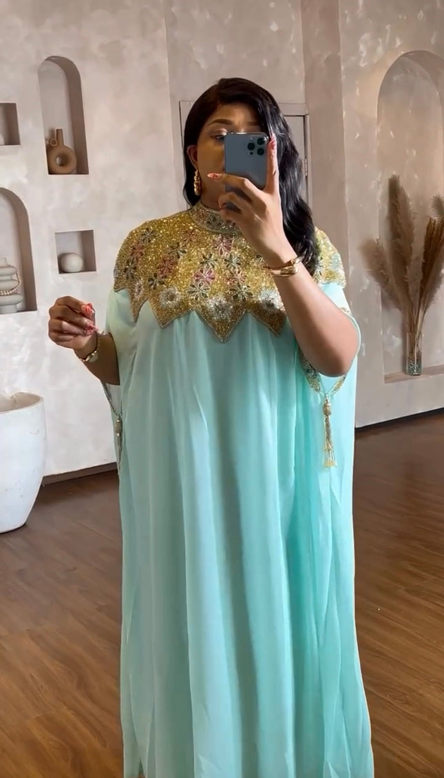 Beaded Embroidery Gold Kaftan with Sleeve Tassels | Women's Party Maxi Dress Engagement Wedding Guest