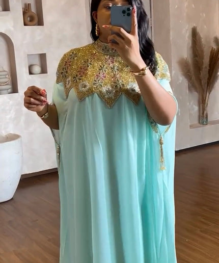 Beaded Embroidery Kaftan with Sleeve Tassels | Women's Party Maxi Dress EID Abaya Engagement Wedding Guest