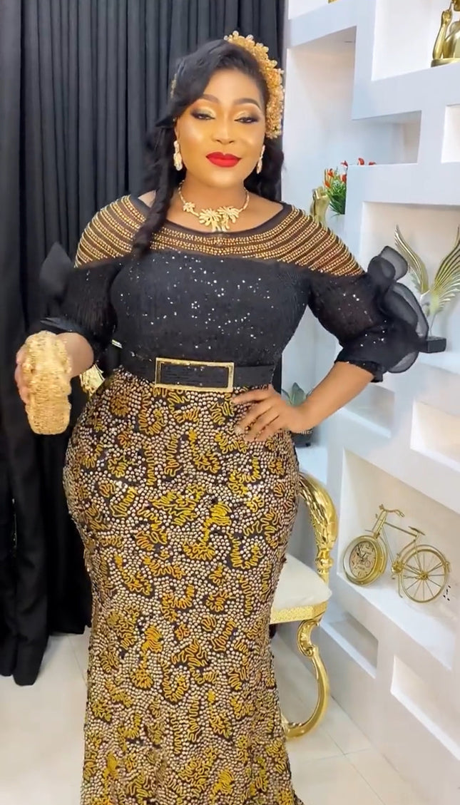 Black and Gold Sequin Ruffle Sleeve Embellished Gown