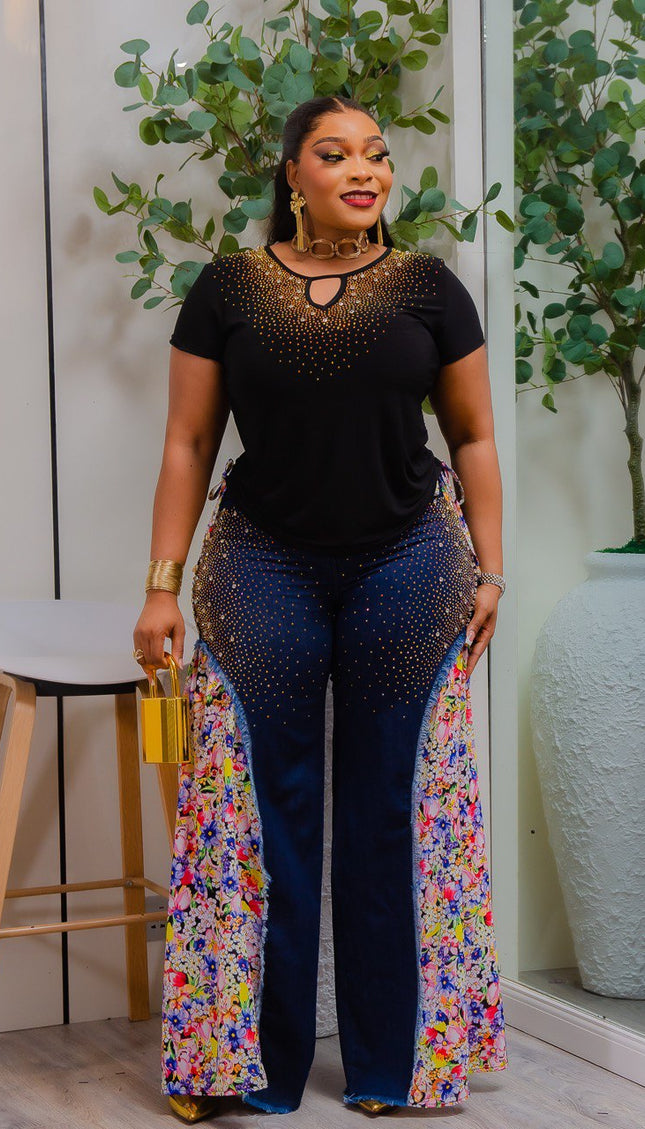 Colorful Black Denim & Diamonds 2-Piece Wide-Leg Pants Set, Crystal Rhinestone Bling Matching Stretch Jeans, Birthday Photos Party Dance Grad BBQ Concert Weekend Get-Together Outfit