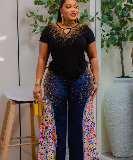 Colorful Black Denim & Diamonds 2-Piece Wide-Leg Pants Set, Crystal Rhinestone Bling Matching Stretch Jeans, Birthday Photos Party Dance Grad BBQ Concert Weekend Get-Together Outfit