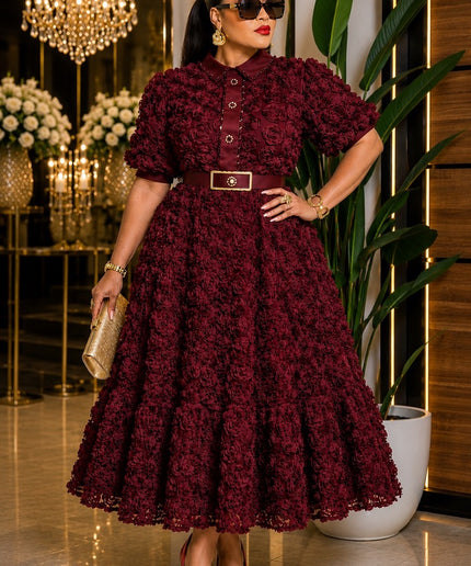 Dramatic 3D Flower Pleated Twirl Swing A-line Midi Dress for Black Tie Attire Wedding Guest Cocktail Reception Church Birthday Party Outfit