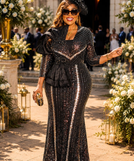 Elegant Black Sequin Embellished Maxi Dress Formal Evening Gown Wedding Guest Mother of The Bride Celebrant Birthday Party