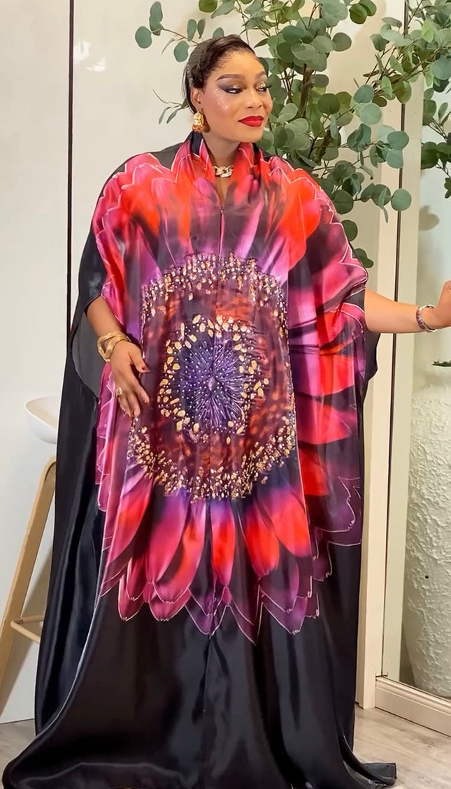 Black Floral Rhinestone Kaftan Dress: Wedding Guest Outfit Birthday Party Graduation Cocktail Anniversary