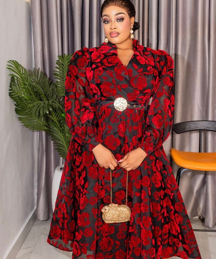 Red Floral Long Sleeve Skater Dress