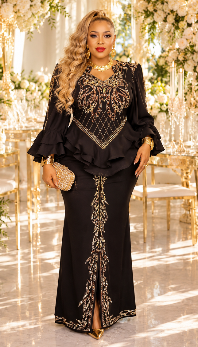 Black Rhinestone Embellished Ruffle Peplum Maxi Dress for Party Cocktail Reception Church Anniversary Birthday Wedding Guest Mother of The Bride