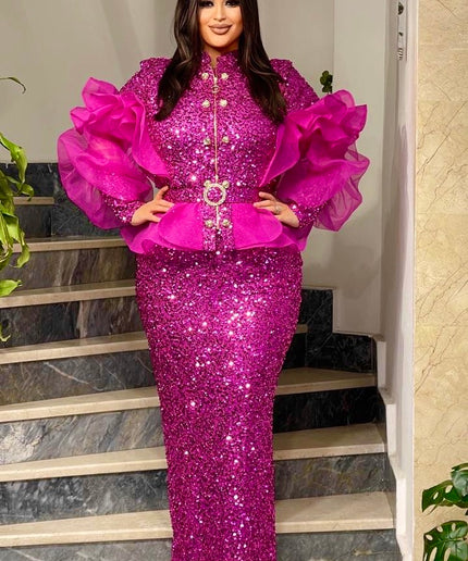 Blue Sequin Wedding Guest Dress Ruffles Peplum, Plus Size Mother of The Bride Evening Wear