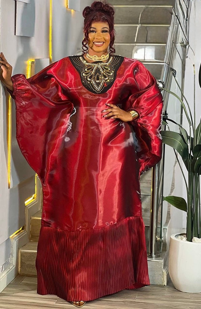Elegant Burgundy Embellished Pleated Kaftan Dress for Mother of The Bride Photoshoot Birthday Party Church Anniversary African Bubu Wedding Guest Outfit