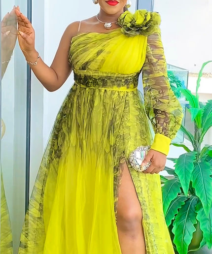 One Shoulder Tulle A-Line Maxi Gown with Slit, Mother of The Bride Plus Size Blue Summer Wedding Guest Gown Birthday Party Cocktail Gala
