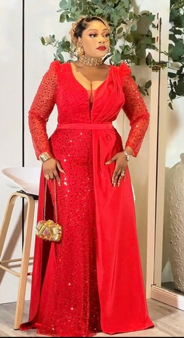 Plus Size Red Sequin Long Sleeve Cape Maxi Gown for Mother of The Bride Photoshoot Engagement Cocktail Ceremony Anniversary