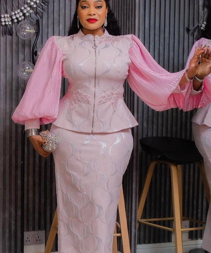 Classy Bishop Sleeve Brocade Appliquè Top & Skirt, 2-Piece Set: Wedding Guest Mother of The Bride Graduation