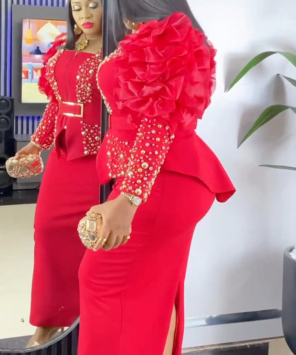 Dramatic Ruffle Sleeve Embellished Top and Skirt