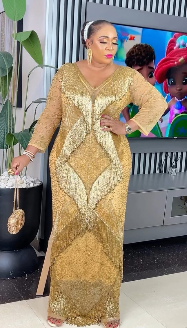 Metallic Gold Fringe Embellished Maxi Dress