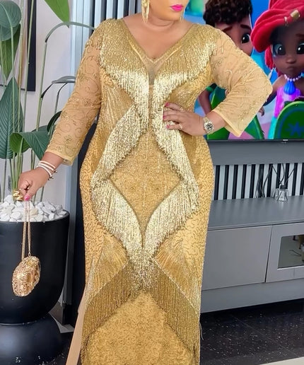 Metallic Gold Fringe Embellished Maxi Dress