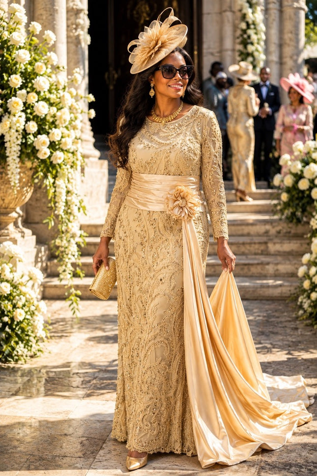 Glamorous Gold Embellished Draped Maxi Dress for Mother of The Bride Wedding Guest Birthday Photoshoot Cocktail Party
