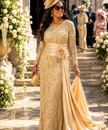 Glamorous Gold Embellished Draped Maxi Dress for Mother of The Bride Wedding Guest Birthday Photoshoot Cocktail Party