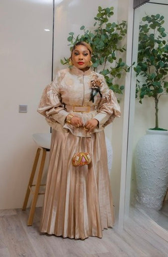 Green Brocade 3D Flower Peplum Top & Pleated A-Line Skirt 2-Piece Outfit Set for Mother of The Bride Wedding Guest Gala Birthday Photoshoot