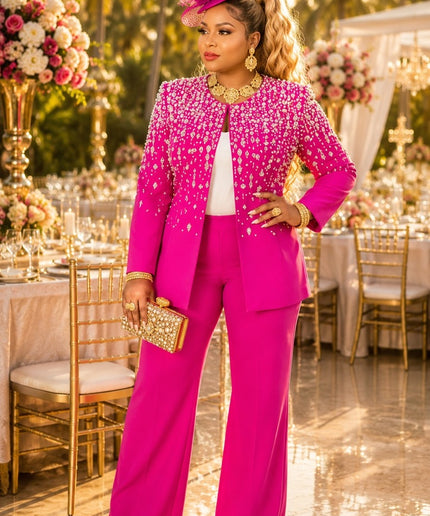 "Pretty in Pink" Rhinestone Embellished 3-Piece Wide-Leg Pant Suit Set, Jacket Pants Camisole: Formal Wedding Guest Holiday Cocktail Party Church Reception Anniversary Mother of The Bride