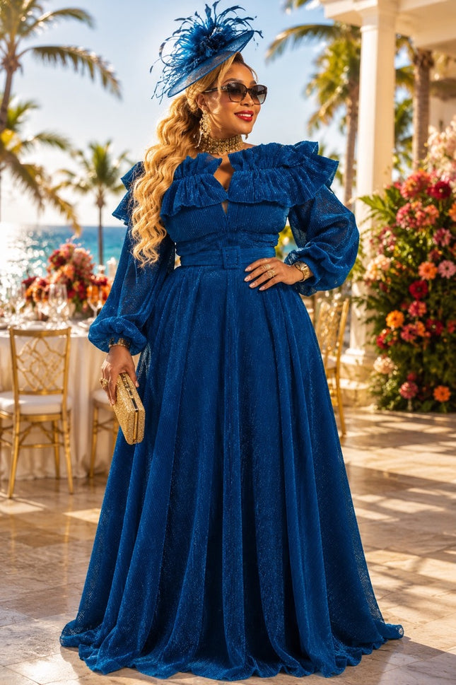 Blue Off-The-Shoulder Ruffle Puff Sleeve A-Line Dress for Mother of The Bride Wedding Guest Outfit Birthday Party Holiday Cocktail Reception