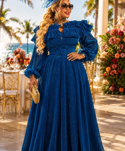 Blue Off-The-Shoulder Ruffle Puff Sleeve A-Line Dress for Mother of The Bride Wedding Guest Outfit Birthday Party Holiday Cocktail Reception
