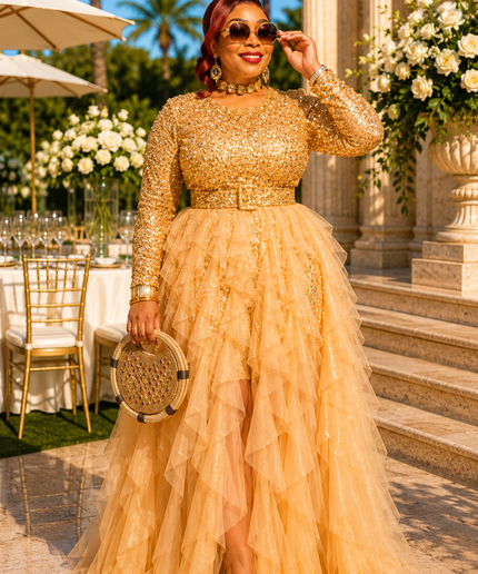"The Compliment Collector" Red Sequin Wedding Guest Dress with Ruffle Tulle Overlay Formal Cocktail Party Mother of The Bride Celebrant Special Occasion Gown