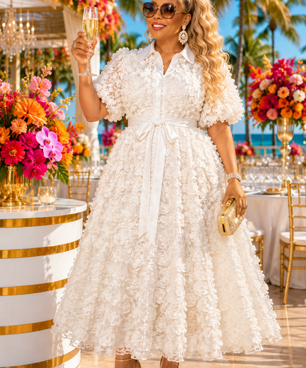 "It's Giving Luxury" White 3D Flower Pleated Maxi Dress for Wedding Guest Church Anniversary Birthday Tea Cocktail Reception Engagement Ceremony Party Outfit