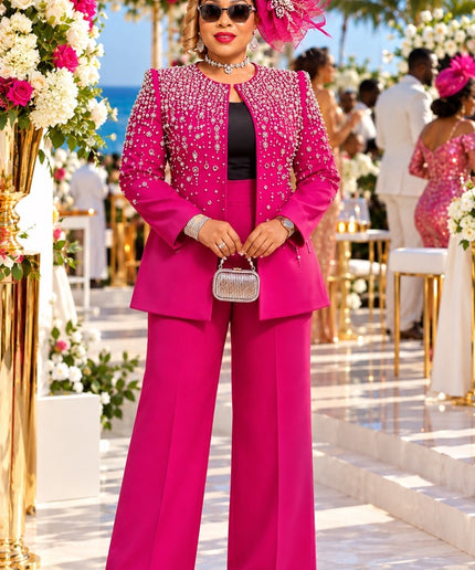 Classy White Rhinestone Embellished Suit 3-Piece Wide-Leg Pant Set, Jacket Pants Camisole: Formal Wedding Guest Holiday Cocktail Party Church Reception Anniversary Mother of The Bride