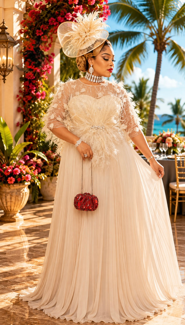"The Showstopper" Gold Embellished Feathered Pleated Twirl A-Line Maxi Dress Floor-Length Formal Evening Gown for Mother of The Bride Wedding Guest Bridal Dinner Celebrant Birthday Party Engagement Ceremony Holiday Photoshoot
