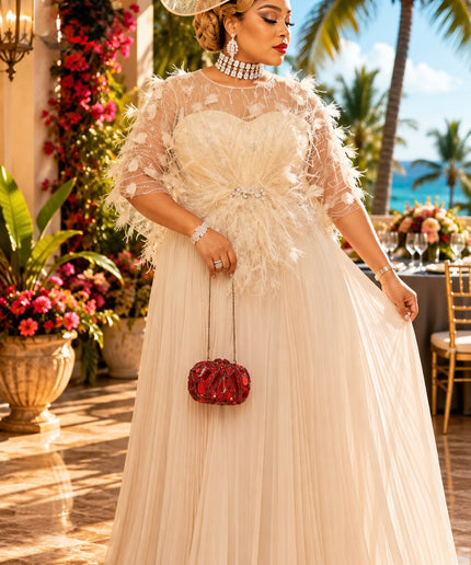"The Showstopper" Gold Embellished Feathered Pleated Twirl A-Line Maxi Dress Floor-Length Formal Evening Gown for Mother of The Bride Wedding Guest Bridal Dinner Celebrant Birthday Party Engagement Ceremony Holiday Photoshoot