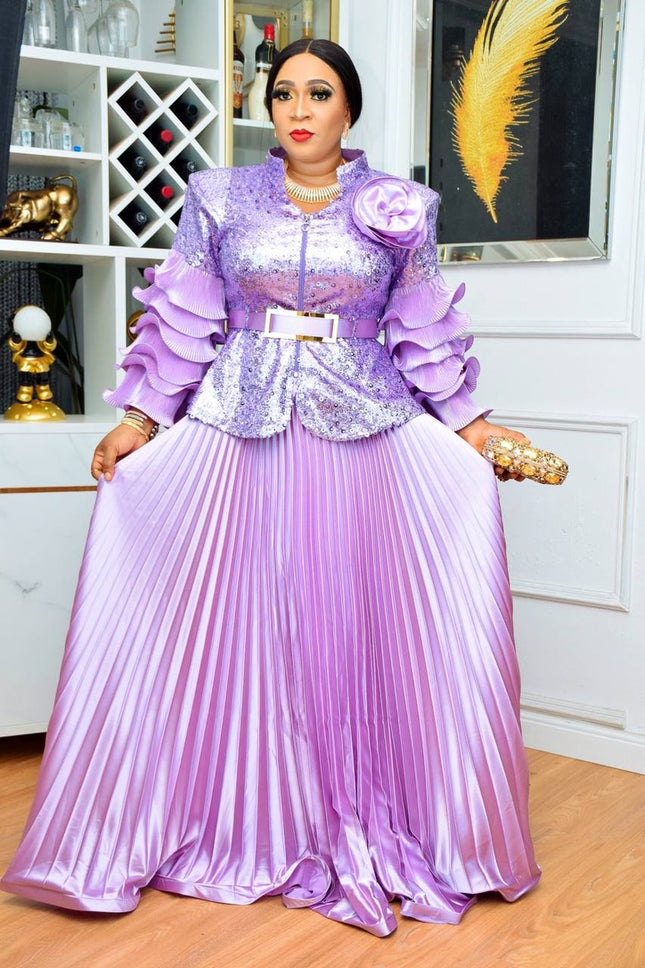Sequin Ruffle Wedding Guest Outfit Plus Size Mother of The Bride, Peplum Top & Pleated Skirt 2 Piece Matching Set, Curvy Women Fashion