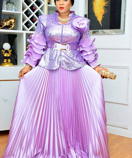 Sequin Ruffle Wedding Guest Outfit Plus Size Mother of The Bride, Peplum Top & Pleated Skirt 2 Piece Matching Set, Curvy Women Fashion