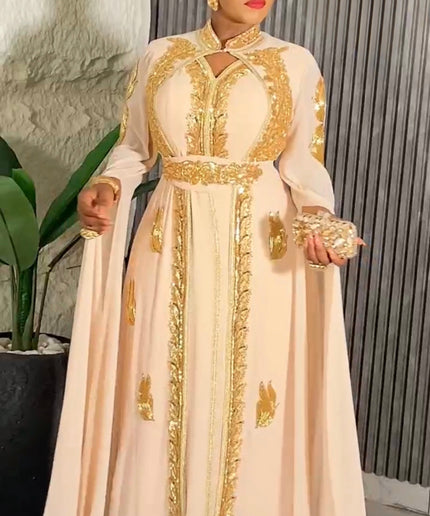 Gold Beaded Kaftan Dress Draped Sleeves Birthday Party Wedding Gala FASHIONISKO Gold Beaded Kaftan Dress Draped Sleeves Birthday Party Wedding Gala FASHIONISKO