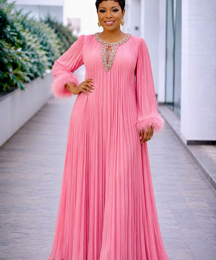 Pink Rhinestone Embellished Feathered Pleated Chiffon Twirl Skater Dress for Summer Wedding Guest Mother of The Bride Birthday Party Cocktail Gala Anniversary