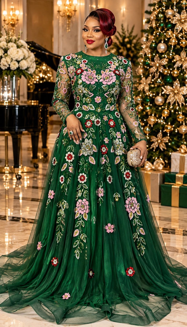 "Holiday Party Fashion" Red Hand-Stitched Floral Sequins, Crystals & Beaded Embellishments A-Line Gown for Bridal Evening Reception Dress