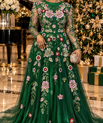 "Holiday Party Fashion" Red Hand-Stitched Floral Sequins, Crystals & Beaded Embellishments A-Line Gown for Bridal Evening Reception Dress
