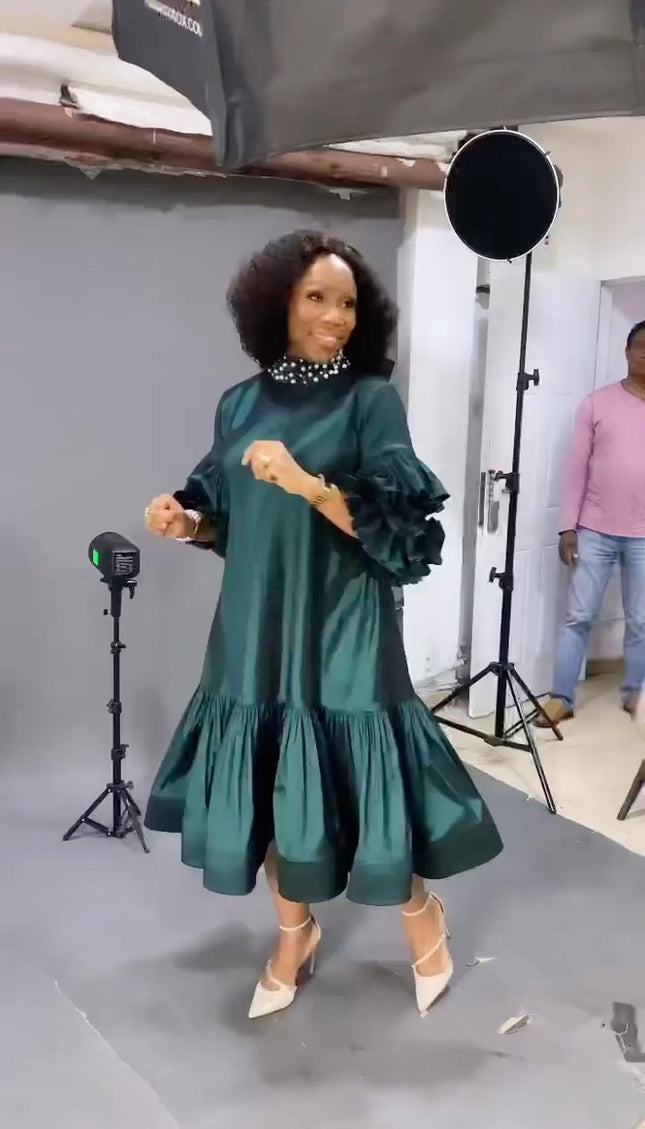 Green Ruffle Pleated Dress Embellished