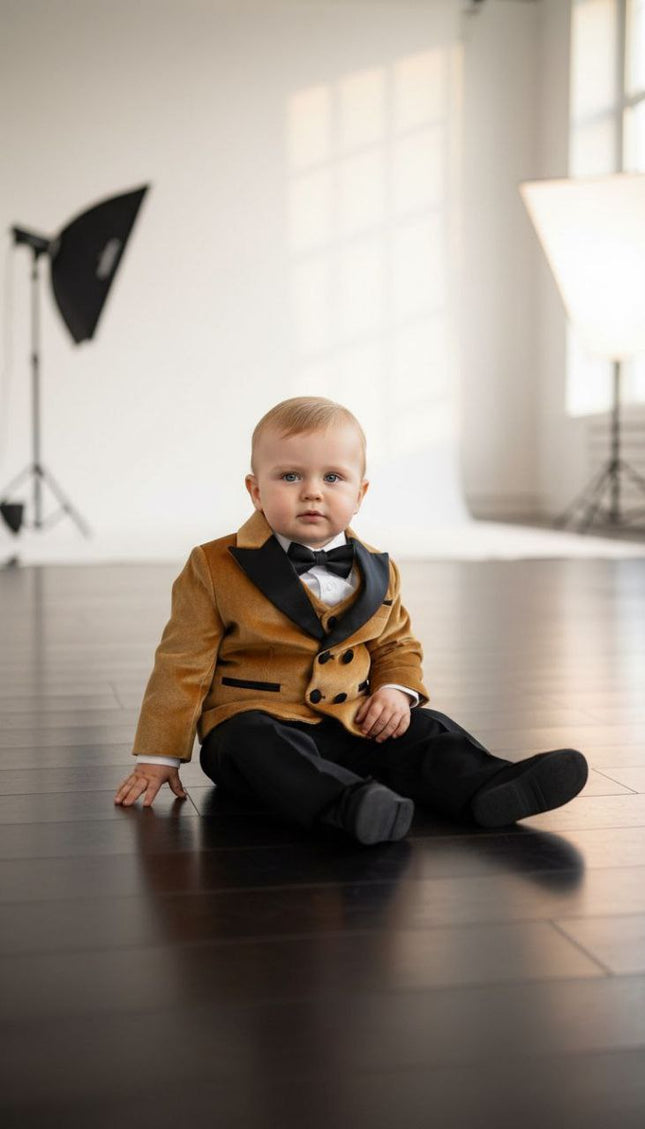 Baby Boys' White Velvet Shawl Lapel Tuxedo Suit, Bow Tie 5-Piece Set: Wedding Ring Bearer Baptism Birthday Party Graduation Photoshoot