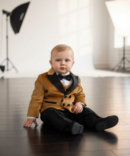Baby Boys' White Velvet Shawl Lapel Tuxedo Suit, Bow Tie 5-Piece Set: Wedding Ring Bearer Baptism Birthday Party Graduation Photoshoot