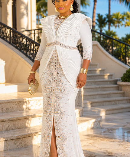 Make An Entrance White Structured Shoulder Crystal Embellished Maxi Dress - Wedding Birthday Outfit Cocktail Party Formal Evening Gown