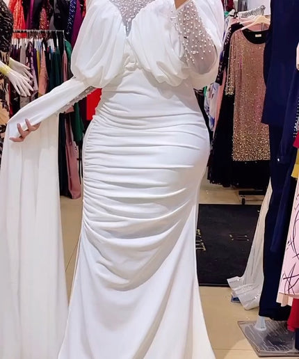 White Embellished Long Sleeve Ruched Draped Dress - Engagement Ceremony Wedding Guest Mother of The Bride