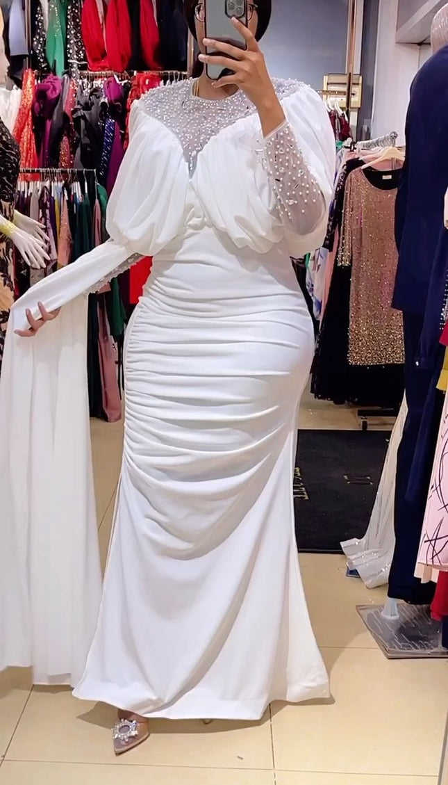 White Embellished Long Sleeve Ruched Draped Dress - Engagement Ceremony Wedding Guest Mother of The Bride