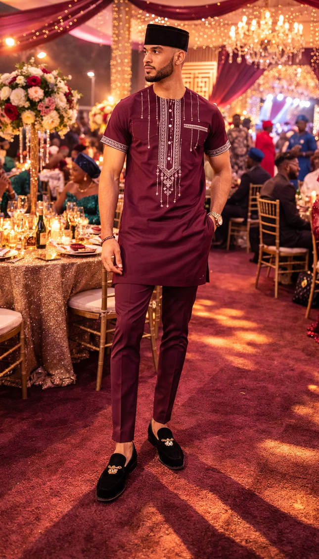 African Men's Embroidered Short Sleeve 2-Piece Set: Traditional Wedding Attire Groom Groomsmen Aso Ebi Nigerian Party Outfit Buba Sokoto