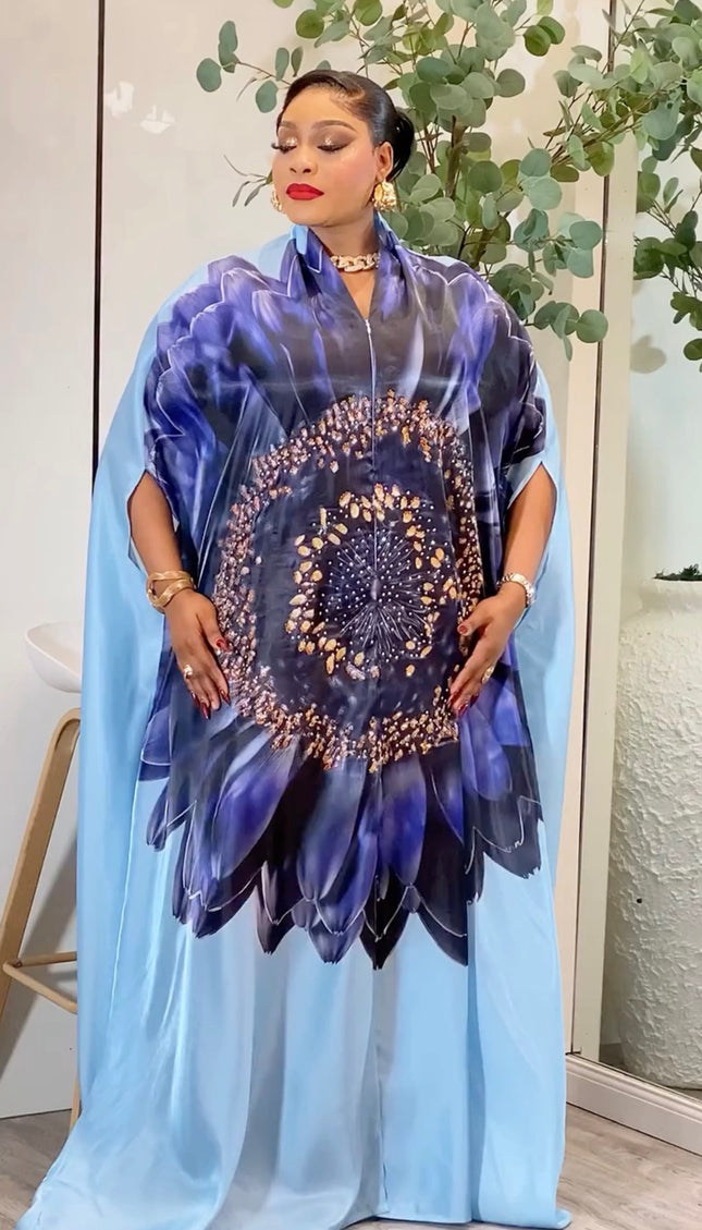 Blue Floral Rhinestone Kaftan Dress: Wedding Guest Outfit Birthday Party Graduation Cocktail Anniversary