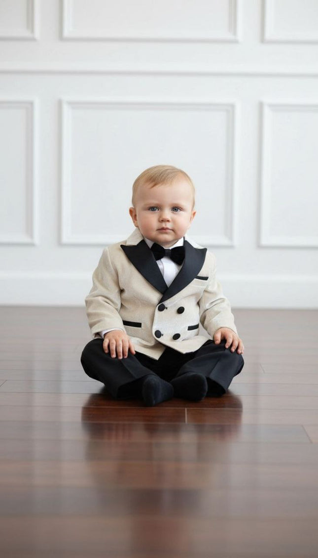 Baby Boys' Gold Velvet Shawl Lapel Tuxedo Suit, Bow Tie 5-Piece Set: Wedding Ring Bearer Baptism Birthday Party Graduation Photoshoot